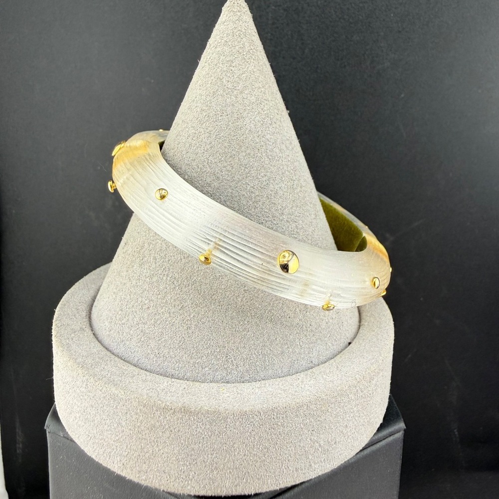 Vintage Alexis Bittar Bangle Bracelet Gold Carved Lucite Studded Hinged 7"